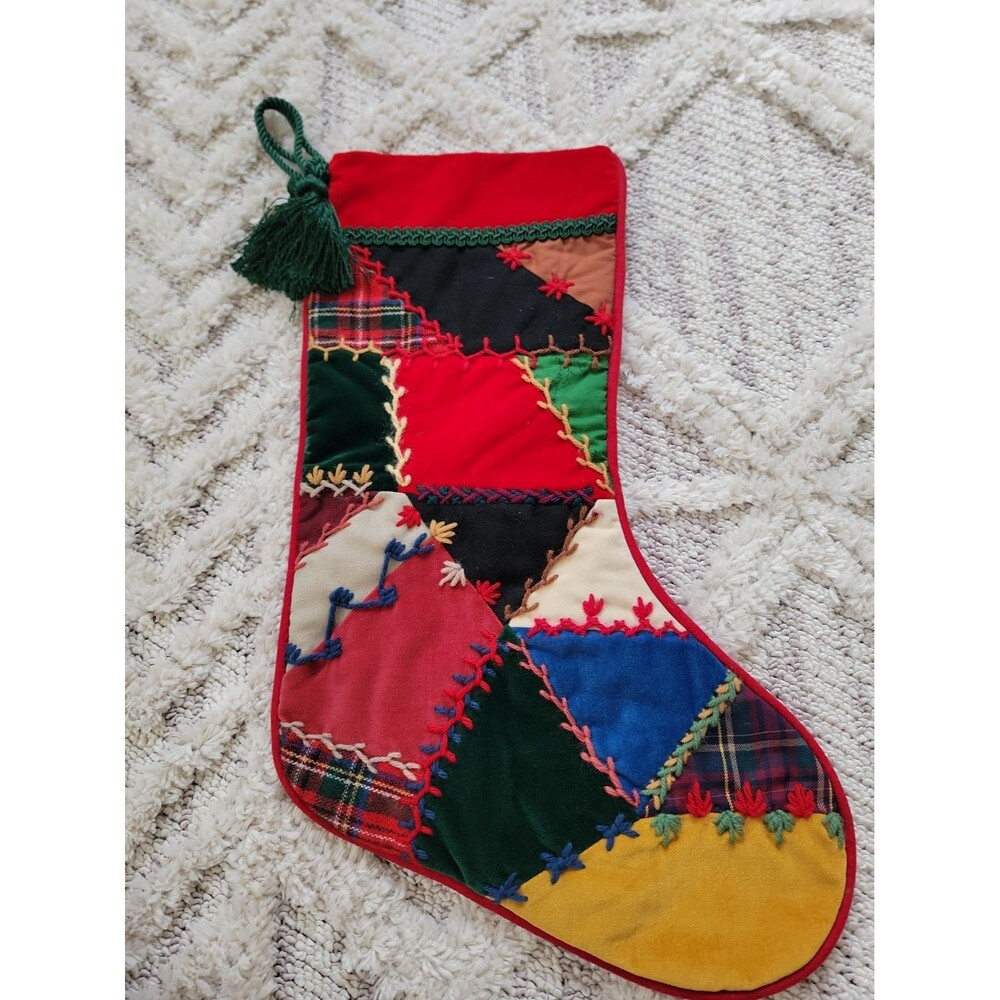 Vintage House of Hatten Crazy Quilt Patchwork Colorful Red Stocking Velvet